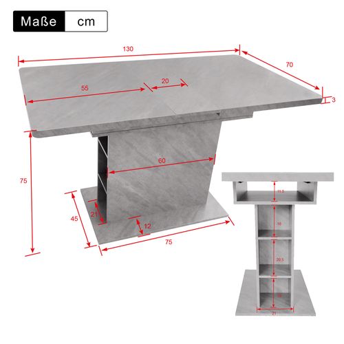Table à Manger Extensible Rectangle, Gris, Avec Rangement, 4 Étagères, 130×70×75cm