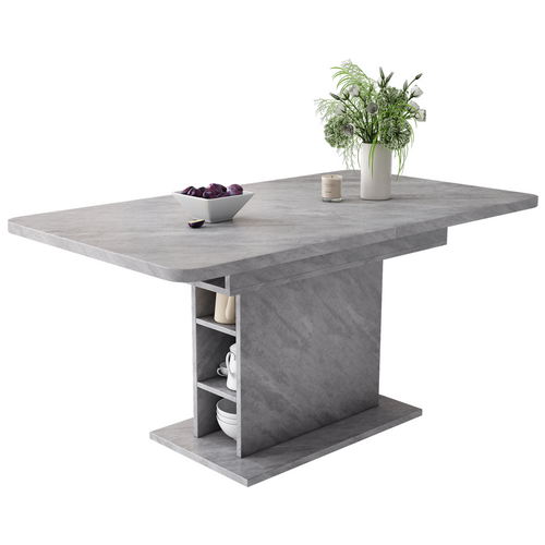 Table à Manger Extensible Rectangle, Gris, Avec Rangement, 4 Étagères, 130×70×75cm
