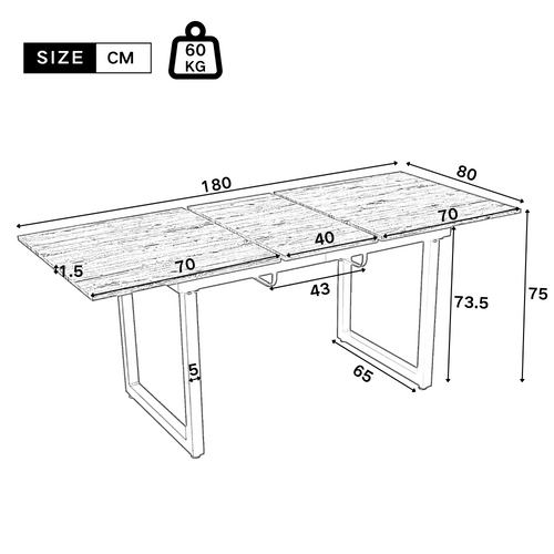Table à Manger Rectangulaire Extensible Gris, Pieds En Métal, Mdf, 140/180×80×75cm