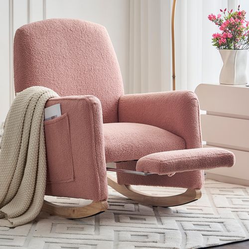 Fauteuil à Bascule En Bois, Avec Repose-pieds, Fauteuil, Tissu Teddy, Rose