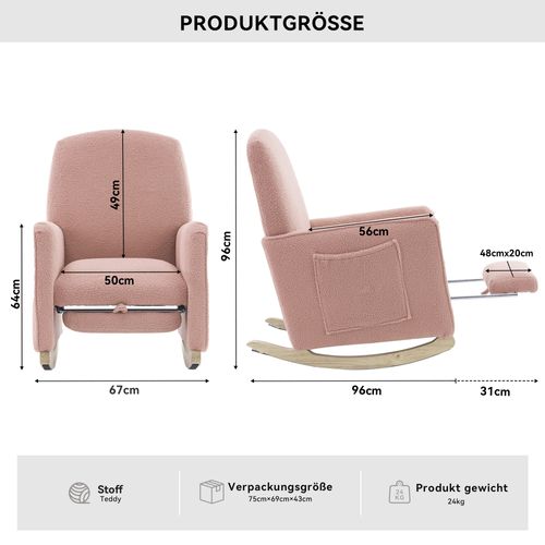 Fauteuil à Bascule En Bois, Avec Repose-pieds, Fauteuil, Tissu Teddy, Rose