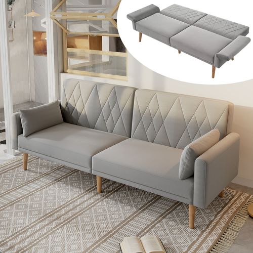 Canapé Convertible En Velours 2 Places - Dossier Réglable - 180×75×82 Cm - Gris Clair
