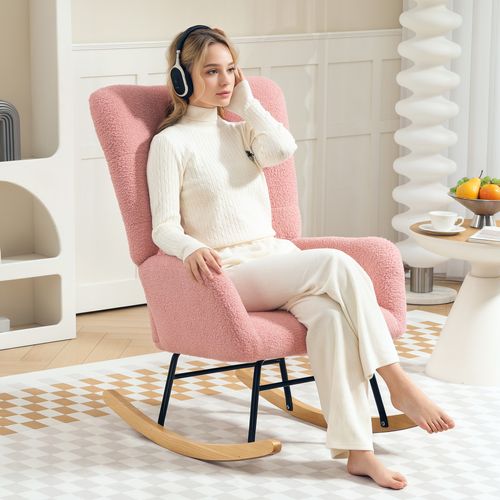 Fauteuil à Bascule, Rocking Chair, Pieds En Bois, Tissu Teddy, Fauteuil De Salon, Rose