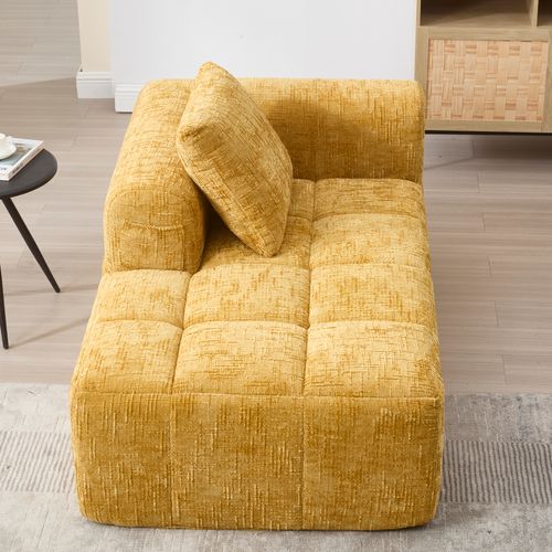 Canapé Méridienne, Jaune, Avec Poches Latérales, 1 Coussin, Tissu Chenille, 158×90×60cm