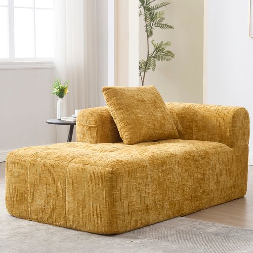 Canapé Méridienne, Jaune, Avec Poches Latérales, 1 Coussin, Tissu Chenille, 158×90×60cm