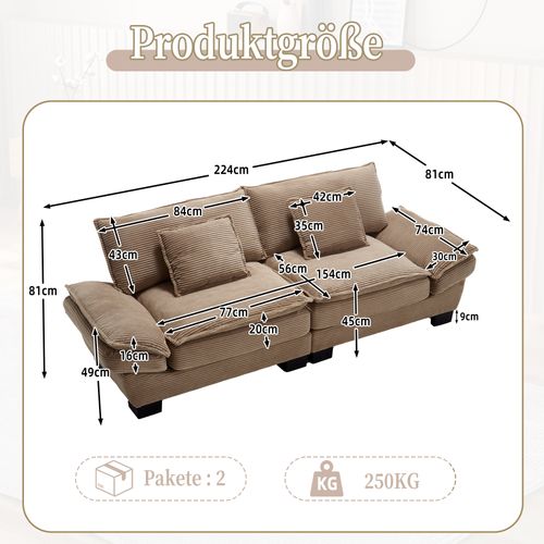 Canapé Fixe 2 Places Kaki, Structure En Bois, Avec 2 Coussins, Canapé Droit, Velours, 224×81×49cm
