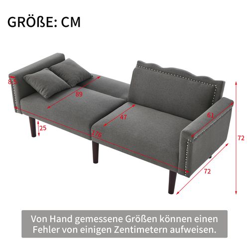 Canapé 2 Places Gris, Canapé Convertible, Dossier Réglable, 2 Coussins, 176×72×72cm