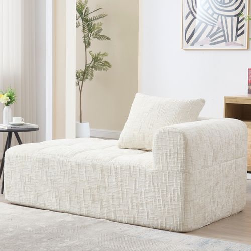 Méridienne Canapé Beige, Avec Sac De Rangement, 1 Coussin, Tissu Chenille, 158×90×60cm