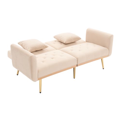 Canapé Convertible Beige, Canapé 2 Places, Dossier Réglable, Velours, 165×72.5×75cm