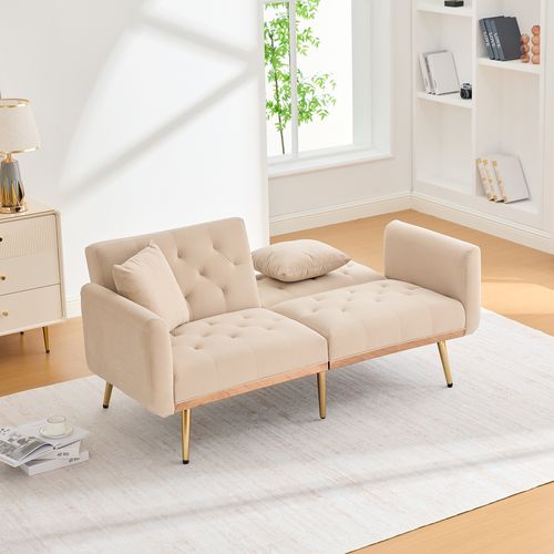 Canapé Convertible Beige, Canapé 2 Places, Dossier Réglable, Velours, 165×72.5×75cm