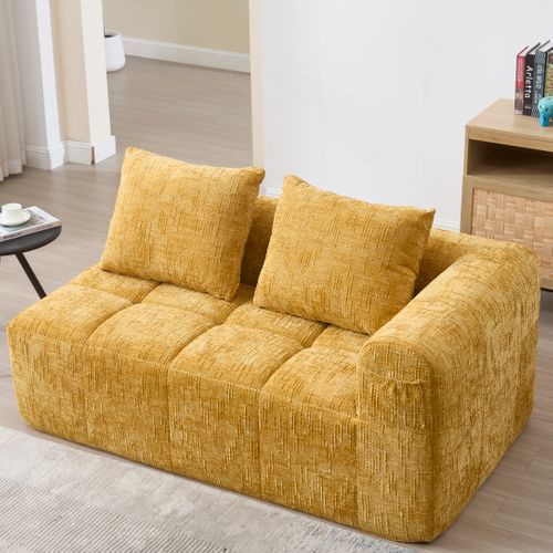Méridienne Canapé Jaune, Avec Sac De Rangement, 2 Coussin, Tissu Chenille, 158×90×60cm