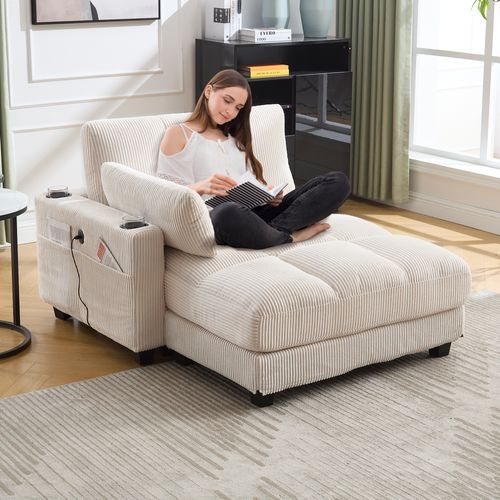 Méridienne Canapé De Salon Beige, USB + Type-c, 2 Porte-gobelets, Velours, 140×112×81cm