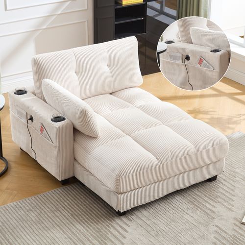 Méridienne Canapé De Salon Beige, USB + Type-c, 2 Porte-gobelets, Velours, 140×112×81cm