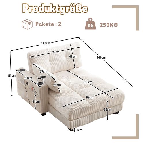 Méridienne Canapé De Salon Beige, USB + Type-c, 2 Porte-gobelets, Velours, 140×112×81cm