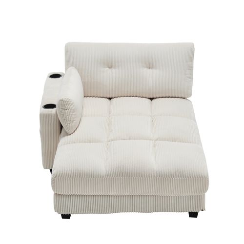Méridienne Canapé De Salon Beige, USB + Type-c, 2 Porte-gobelets, Velours, 140×112×81cm