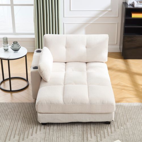 Méridienne Canapé De Salon Beige, USB + Type-c, 2 Porte-gobelets, Velours, 140×112×81cm