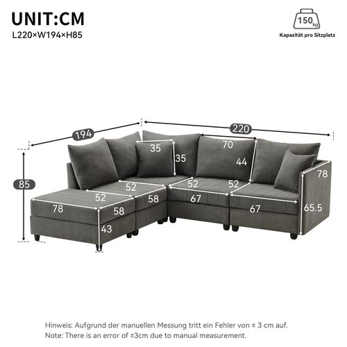 Canapé Angle Moderne 5 Places 220x194x85cm, Canapé En L, Canapé En U Avec Repose-pieds, Gris