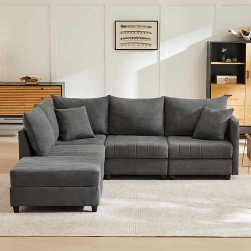 Canapé Angle Moderne 5 Places 220x194x85cm, Canapé En L, Canapé En U Avec Repose-pieds, Gris
