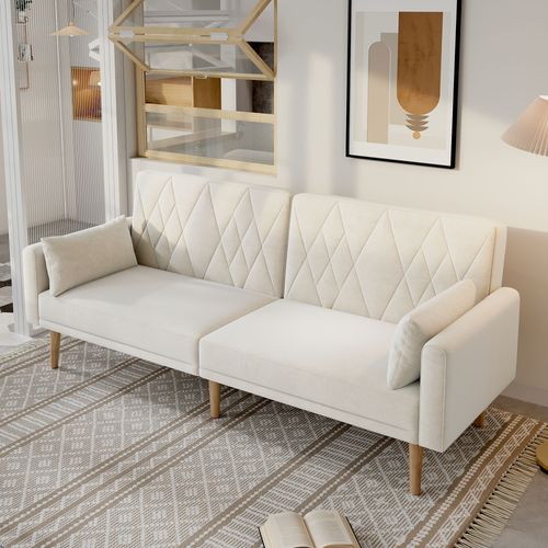 Canapé Convertible 2 Places 180x75x82cm, Canapé-lit, Tissu Velours, Beige