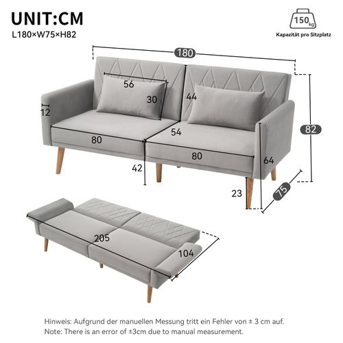Canapé Convertible 2 Places Moderne 180x75x82cm, Banquette Clic Clac, Tissu Velours, Gris