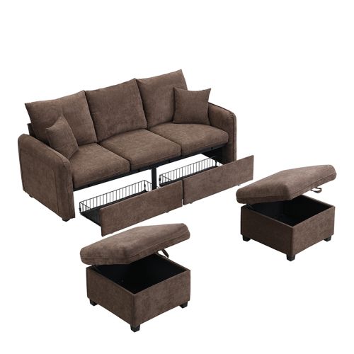 Canapé Angle Fixe 188x186x86cm, Avec Tiroirs Et Compartiments De Rangement, Marron Rustique