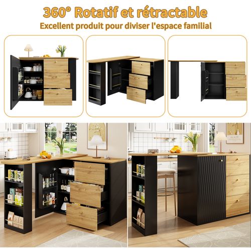 Meuble De Bar Noir Pivotante à 360°, Table De Bar Rétractable, 3 Tiroirs