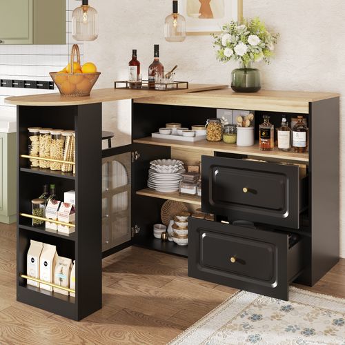 Meuble De Bar Pivotant 360° Noir, Buffet De Cuisine, 2 Tiroirs, Rangement Ouvert, Mdf