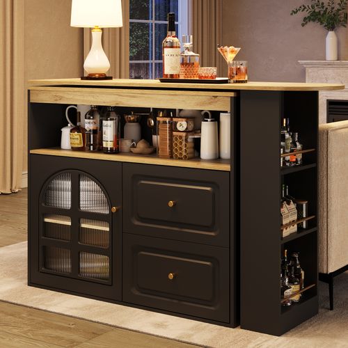 Meuble De Bar Pivotant 360° Noir, Buffet De Cuisine, 2 Tiroirs, Rangement Ouvert, Mdf