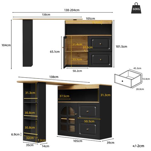 Meuble De Bar Pivotant 360° Noir, Buffet De Cuisine, 2 Tiroirs, Rangement Ouvert, Mdf
