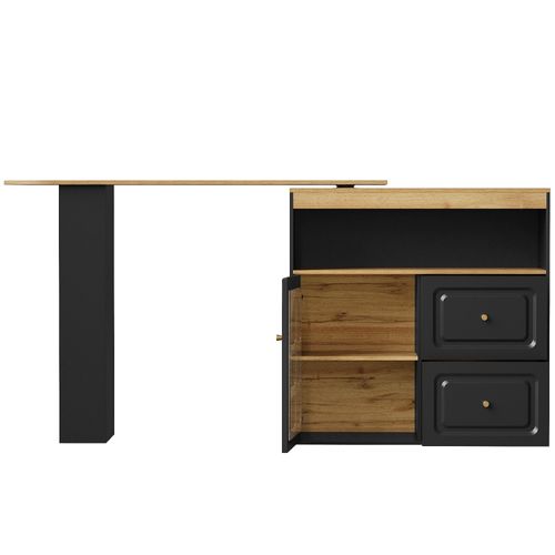 Meuble De Bar Pivotant 360° Noir, Buffet De Cuisine, 2 Tiroirs, Rangement Ouvert, Mdf