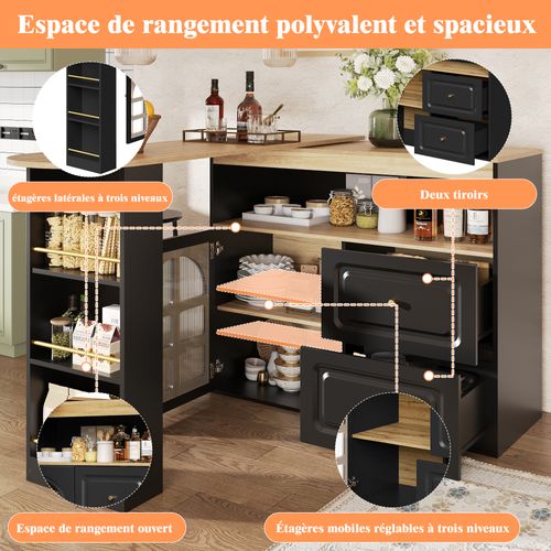 Meuble De Bar Pivotant 360° Noir, Buffet De Cuisine, 2 Tiroirs, Rangement Ouvert, Mdf