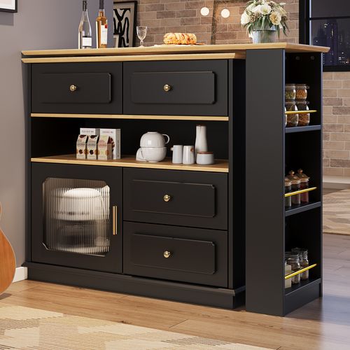 Meuble De Bar Rotatif à 360°noir, Rangement Ouvert, 4 Tiroirs, 1 Porte, Table à Manger, Mdf