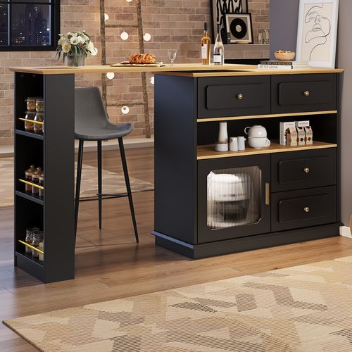 Meuble De Bar Rotatif à 360°noir, Rangement Ouvert, 4 Tiroirs, 1 Porte, Table à Manger, Mdf