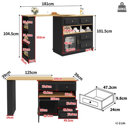 Meuble De Bar Rotatif à 360°noir, Rangement Ouvert, 4 Tiroirs, 1 Porte, Table à Manger, Mdf
