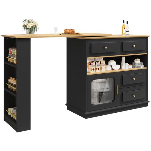 Meuble De Bar Rotatif à 360°noir, Rangement Ouvert, 4 Tiroirs, 1 Porte, Table à Manger, Mdf