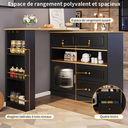Meuble De Bar Rotatif à 360°noir, Rangement Ouvert, 4 Tiroirs, 1 Porte, Table à Manger, Mdf