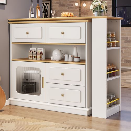 Meuble De Bar Rotatif à 360°blanc, Rangement Ouvert, 4 Tiroirs, 1 Porte, Table à Manger, Mdf