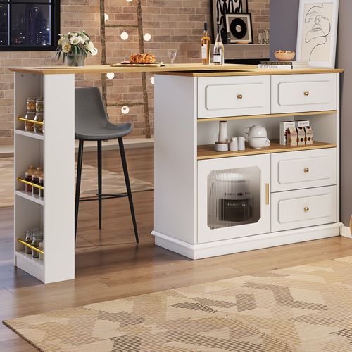 Meuble De Bar Rotatif à 360°blanc, Rangement Ouvert, 4 Tiroirs, 1 Porte, Table à Manger, Mdf
