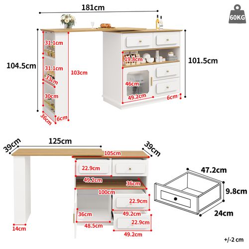 Meuble De Bar Rotatif à 360°blanc, Rangement Ouvert, 4 Tiroirs, 1 Porte, Table à Manger, Mdf