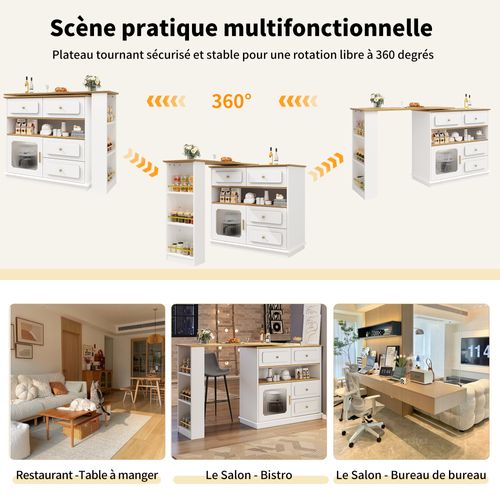 Meuble De Bar Rotatif à 360°blanc, Rangement Ouvert, 4 Tiroirs, 1 Porte, Table à Manger, Mdf