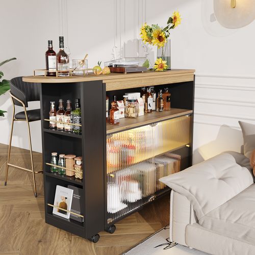 Meuble De Bar LED Avec Roulettes, Table De Bar Pivotante à 360° Noir, Buffet De Cuisine, Mdf