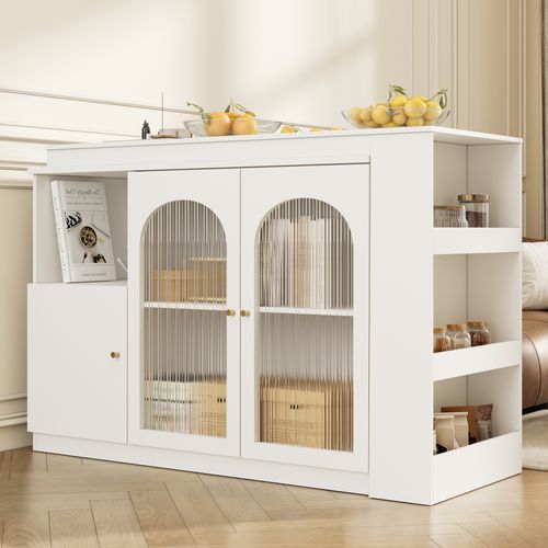 Meuble De Bar Rotatif 360°, Rangement Ouvert, 2 Portes Vitrées, 3 Étagères Latérales, Mdf, Blanc