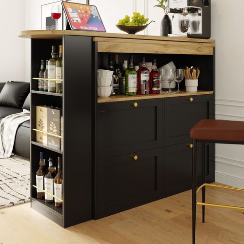 Meuble De Bar Rotatif à 360°, 4 Tiroirs, Rangement Ouvert, Mdf, Noir, 105x39x102 Cm