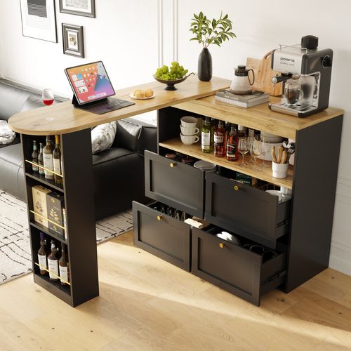 Meuble De Bar Rotatif à 360°, 4 Tiroirs, Rangement Ouvert, Mdf, Noir, 105x39x102 Cm