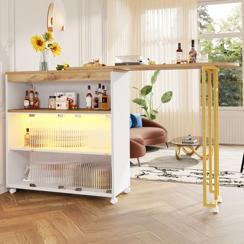 Meuble De Bar Roulettes, LED, Table De Bar Extensible, 2 Étagères, Mdf, Blanc, 138-204×39×105 Cm