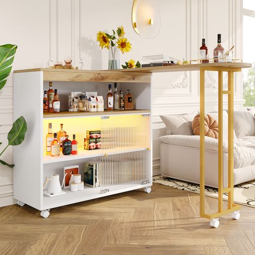 Meuble De Bar Roulettes, LED, Table De Bar Extensible, 2 Étagères, Mdf, Blanc, 138-204×39×105 Cm