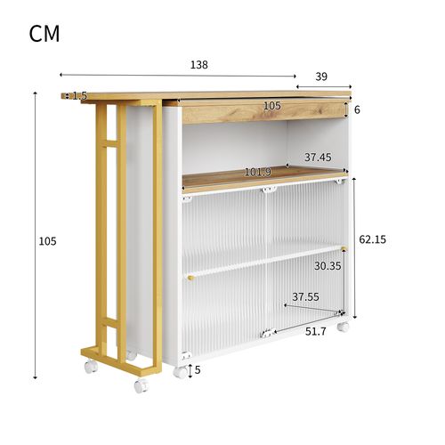 Meuble De Bar Roulettes, LED, Table De Bar Extensible, 2 Étagères, Mdf, Blanc, 138-204×39×105 Cm