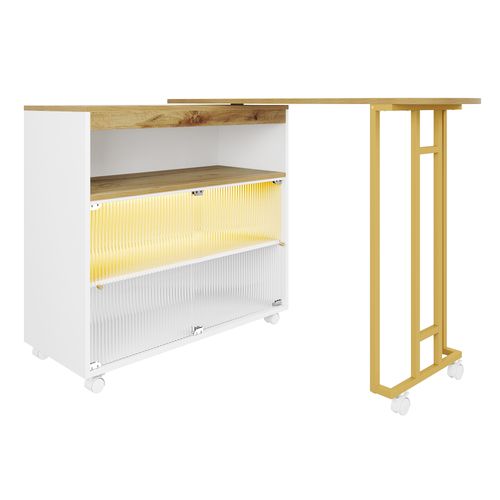 Meuble De Bar Roulettes, LED, Table De Bar Extensible, 2 Étagères, Mdf, Blanc, 138-204×39×105 Cm