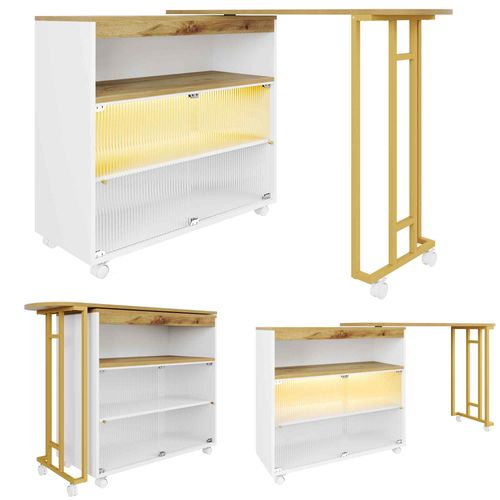 Meuble De Bar Roulettes, LED, Table De Bar Extensible, 2 Étagères, Mdf, Blanc, 138-204×39×105 Cm