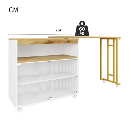 Meuble De Bar Roulettes, LED, Table De Bar Extensible, 2 Étagères, Mdf, Blanc, 138-204×39×105 Cm
